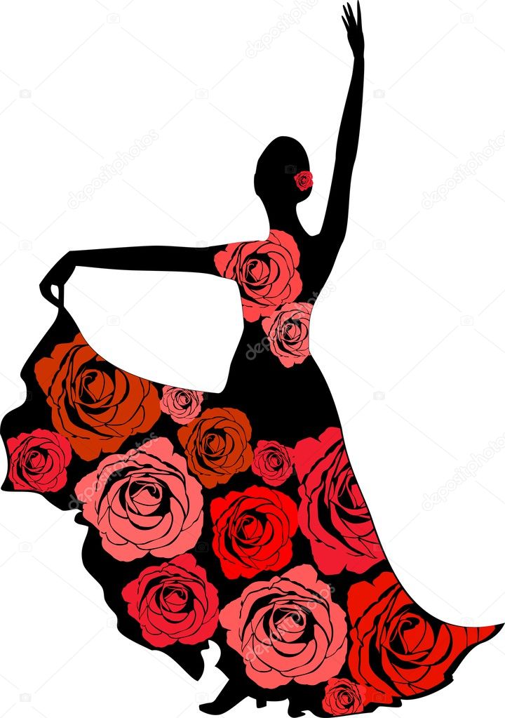 Silhouette of a dancer in a dress with roses