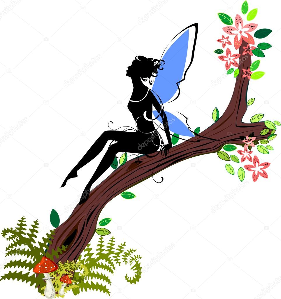 Silhouette of fairy sitting on branch of blossoming tree