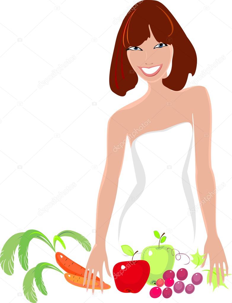 Young girl with fresh vegetables and fruits