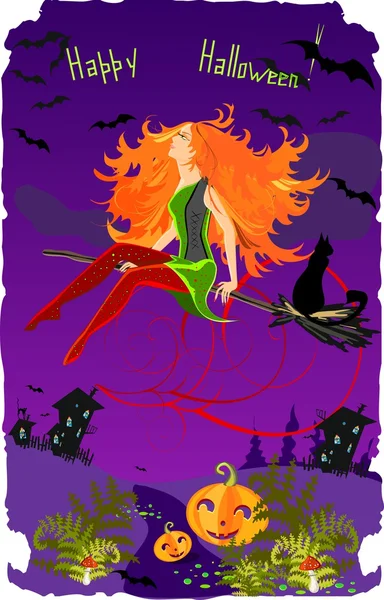 Tarjeta de Halloween con hermosa bruja — Vector de stock
