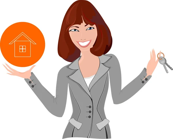 Beautiful realtor with model of the house — Stock Vector