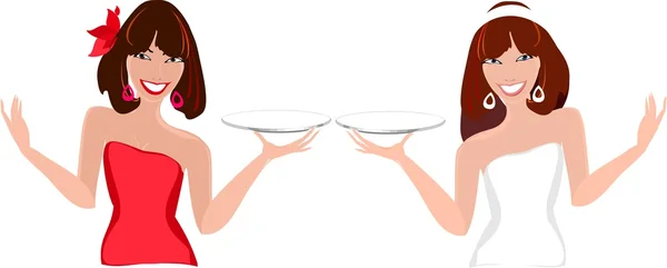 Two female waiters holding an empty dish — Stock Vector