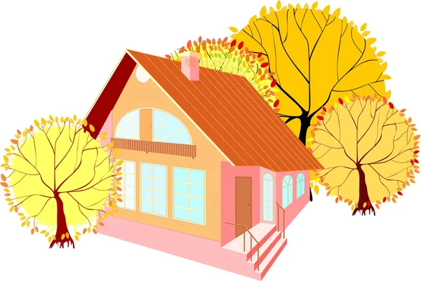 Casa con árboles de otoño — Vector de stock