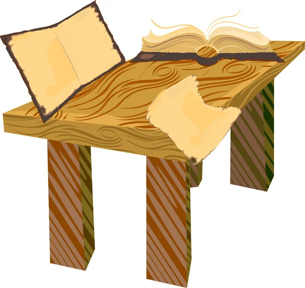 Mesa de madera con libros antiguos abiertos — Vector de stock