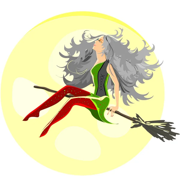 Beautiful witch sitting on broom and full moon — Stock Vector