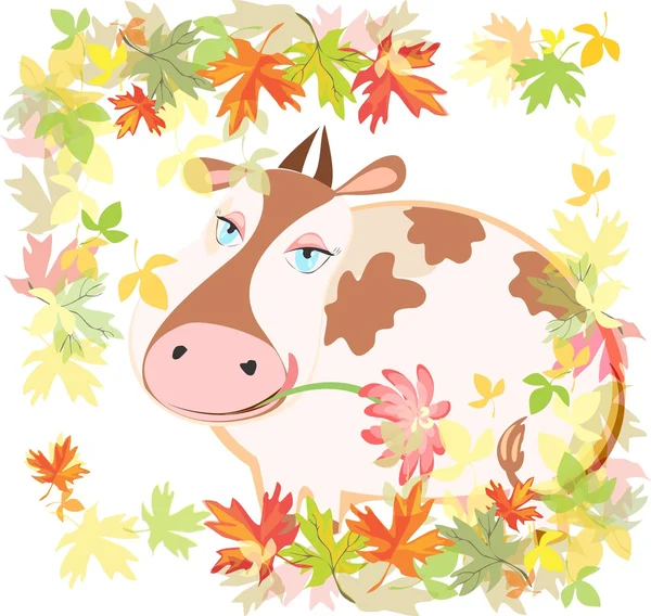 Happy cattle and autumn leaves — Stock Vector
