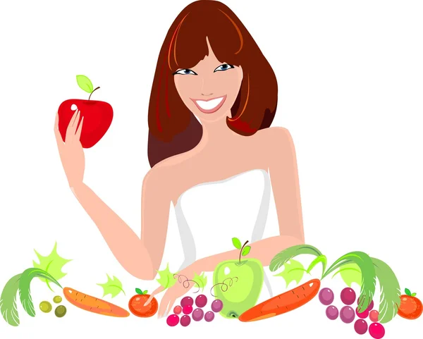 Young girl with fresh vegetables and fruits — Stock Vector