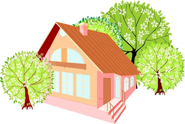 Casa con árboles de primavera — Vector de stock