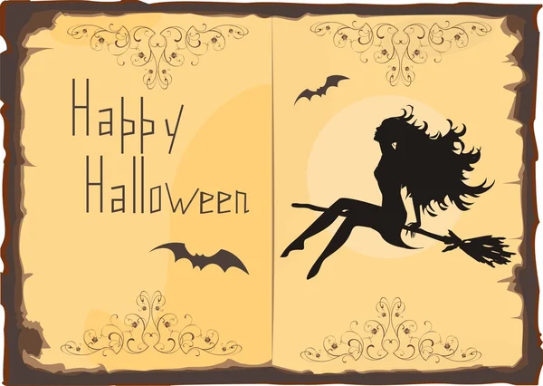 Halloween-kaart met silhouet van prachtige heks — Stockvector