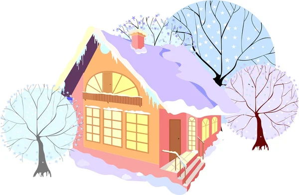 Casa con árboles de invierno — Vector de stock