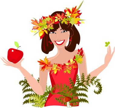 sonbahar yaprakları ve elma ile gülümseyen güzel kız