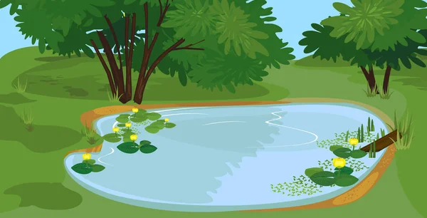 緑色の葉を持つ黄色の睡蓮 Nuphar Lutea が開花し 青い池が生い茂る緑の風景 — ストックベクタ