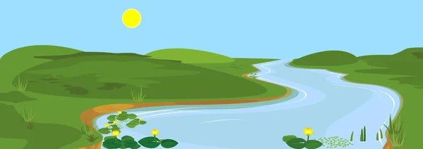 Dessin Animé Paysage Été Avec Rivière Ciel Bleu Rives Vertes — Image vectorielle