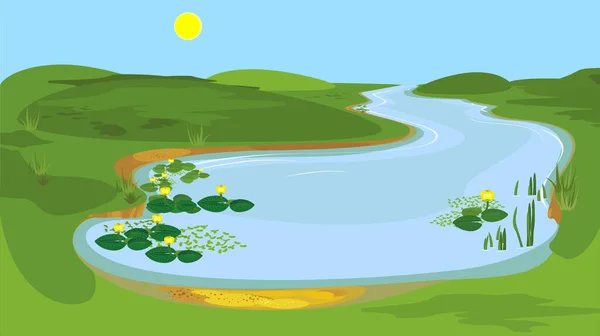 Cartoon Summer Landscape Lake Blue Sky Green Banks — Stock vektor