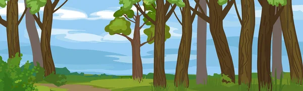 Abstract Summer Cartoon Panoramic Landscape Blue Sky Thick Trunks Old — 图库矢量图片