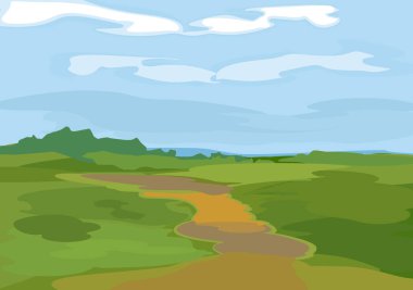  Abstract summer landscape with green field, blue sky and country road in watercolor style