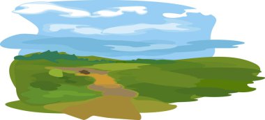  Abstract summer landscape with green field, blue sky and country road in watercolor style