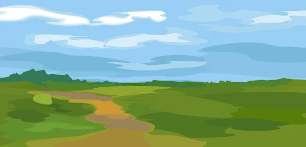 Abstract Summer Landscape Green Field Blue Sky Country Road Watercolor — Image vectorielle