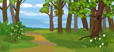  Spring cartoon panoramic landscape with blue sky and thick trunks of old trees and wood anemone flowers in grove