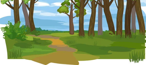アブストラクト夏の漫画緑の空と森の古い木の太い幹のパノラマの風景 — ストックベクタ