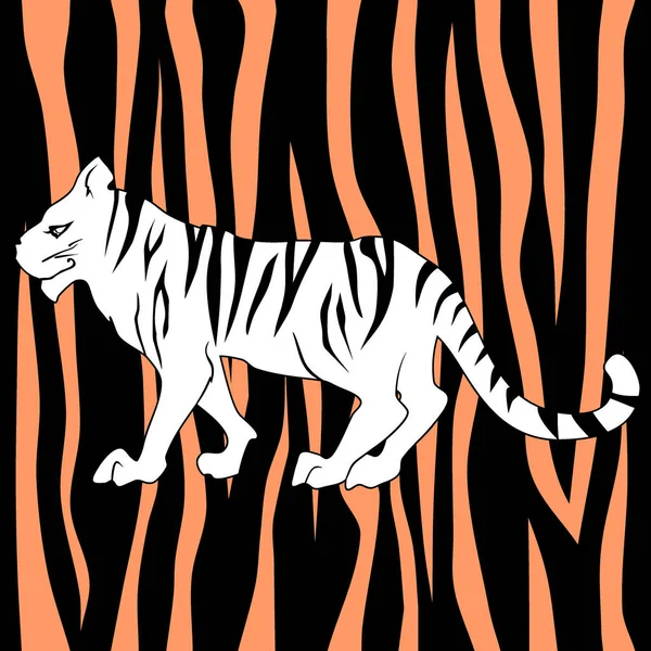 Weißer Cartoon Tiger Auf Gestreiftem Hintergrund — Stockvektor
