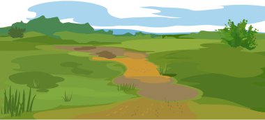  Abstract summer landscape with green field, blue sky and country road in watercolor style