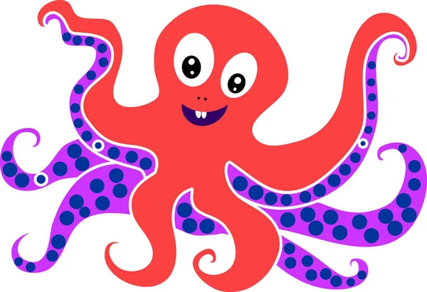 Smiling Red Cartoon Octopus Isolated White Background — Stock Vector