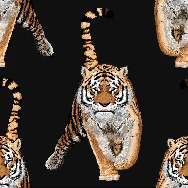 Vector Sketch Walks Bengal Tiger Seamless Animal Print Wildlife Vector — Stockvektor