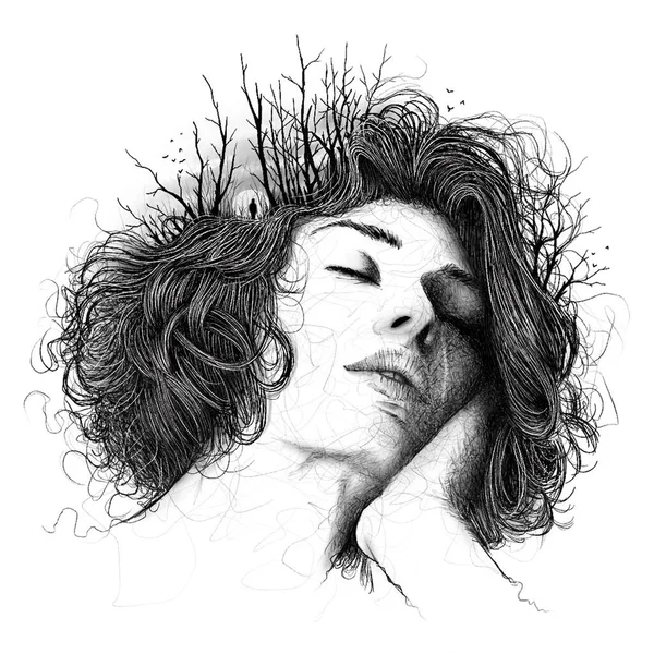 Melancholic Woman Digital Illustration Hand Drawn Sketch — 스톡 사진