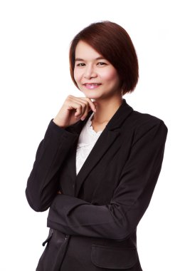 Asya iş kadını gülümseyen izole üzerinde beyaz elbiseli