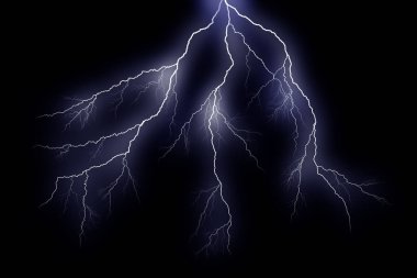 Siyah arka planda yıldırımlar izole edilmiş. Yıldırım elektrik çarpması. Gök gürültülü ve şimşek