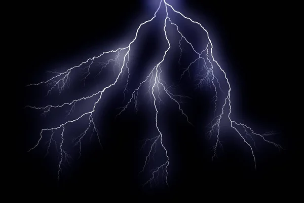 Bliksemschichten geïsoleerd op zwarte achtergrond. Een blikseminslag. Onweer en bliksem — Stockfoto