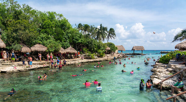 Cancun, Mexico - September 13, 2021: Snorkeling at XCaret park on the Mayan Riviera resort.