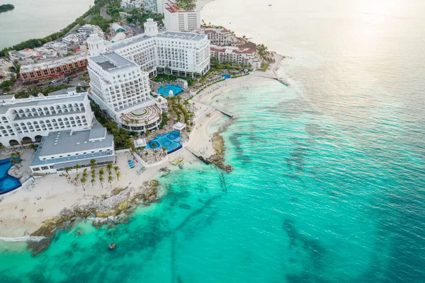 Aerial panoramic view of Cancun beach and city hotel zone in Mexico. Caribbean coast landscape of Mexican resort with beach Playa Caracol and Kukulcan road. Riviera Maya in Quintana roo region on — Stock Photo, Image