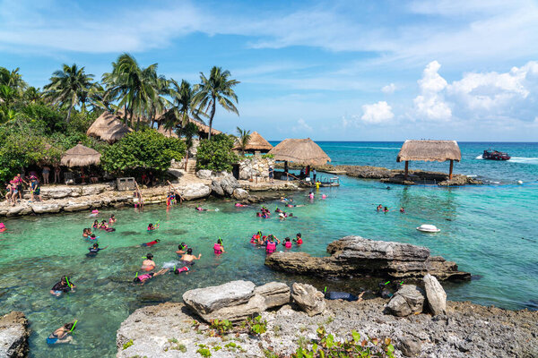Cancun, Mexico - September 13, 2021: Snorkeling at XCaret park on the Mayan Riviera resort.