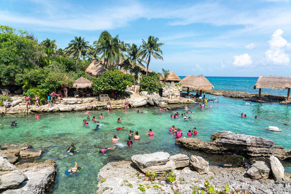 Cancun, Mexico - September 13, 2021: Snorkeling at XCaret park on the Mayan Riviera resort.