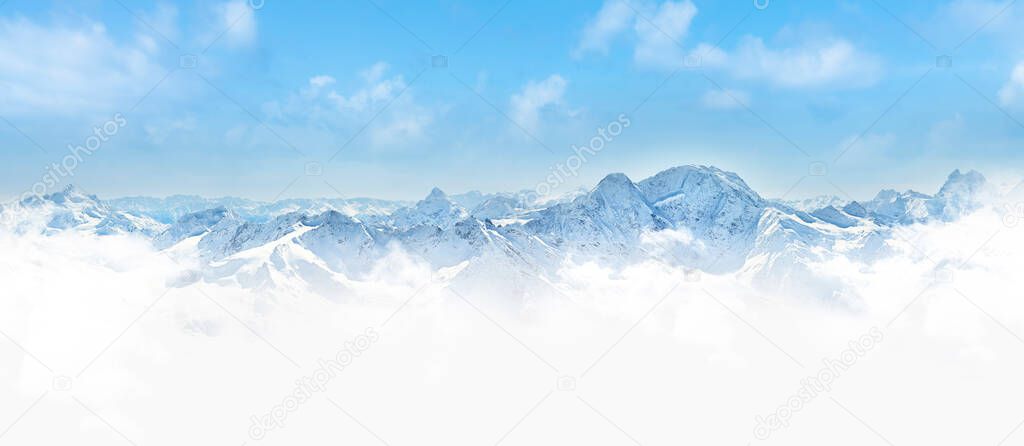 Panorama of winter mountains with blue sky in Caucasus region,Elbrus mountain, Russia