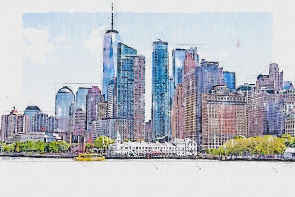 Αδιάβροχο σκίτσο ή απεικόνιση μιας όμορφης θέας της Νέας Υόρκης με αστικούς ουρανοξύστες — Φωτογραφία Αρχείου