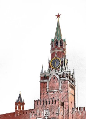 Spasskaya Tower on Red square in Moscow, Russia, watercolor sketch