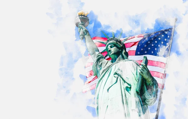 Watercolor painting illustration of Statue of Liberty with a large american flag and New York skyline in the background — Stock Photo, Image