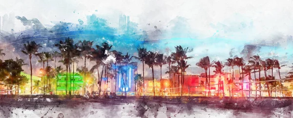 Watercolor painting illustration of Miami Beach Ocean Drive panorama with hotels and restaurants at sunset — Stok fotoğraf