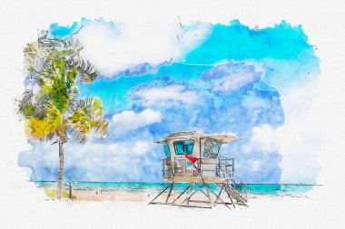 Watercolor painting illustration of Lifeguard tower in South Beach in Fort Lauderdale Florida, USA