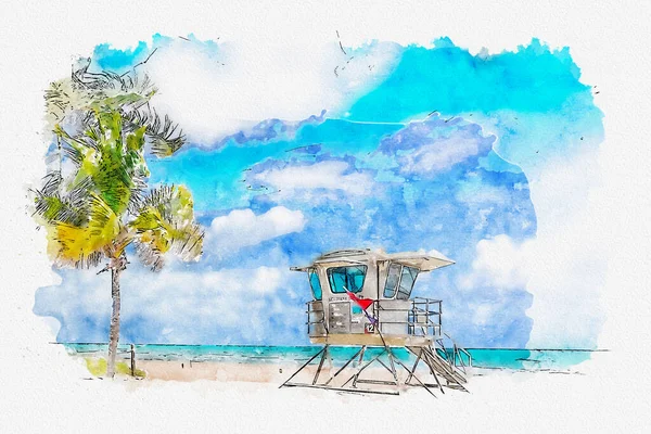 Pintura em aquarela ilustração da torre Lifeguard em South Beach em Fort Lauderdale Florida, EUA — Fotografia de Stock