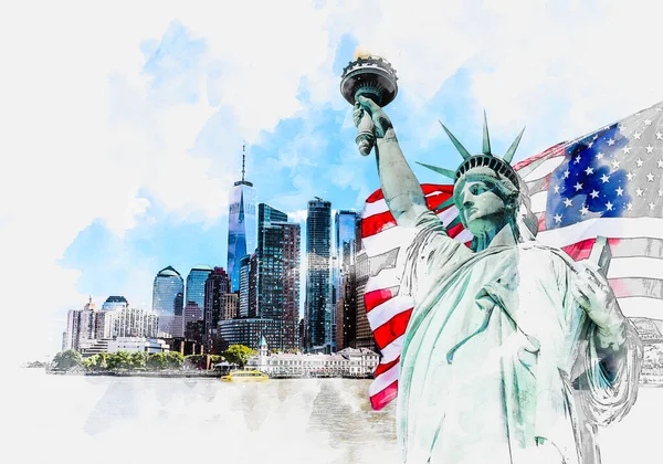 Watercolor painting illustration of Statue of Liberty with a large american flag and New York skyline in the background