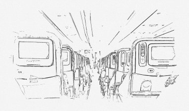 Pencil painting illustration of Interior of airplane with passengers on seats