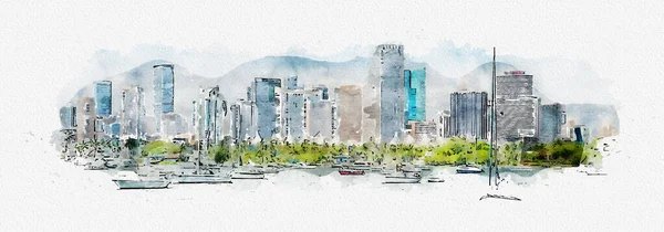 Watercolor painting illustration of Miami skyline with yachts, boats and skyscrapers — Stok fotoğraf