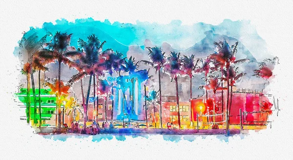 Watercolor painting illustration of Ocean Drive hotels and restaurants at sunset. City skyline with palm trees at night. Art deco nightlife on South beach — Stok fotoğraf