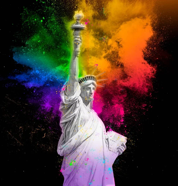  Statue of Liberty with colorful rainbow holi paint powder explosion isolated on black background