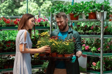 Worker helping female customer with plant in garden center