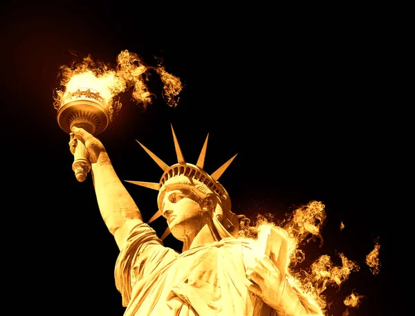 Statue of Liberty with burning fire isolated on black background — Stock Photo, Image